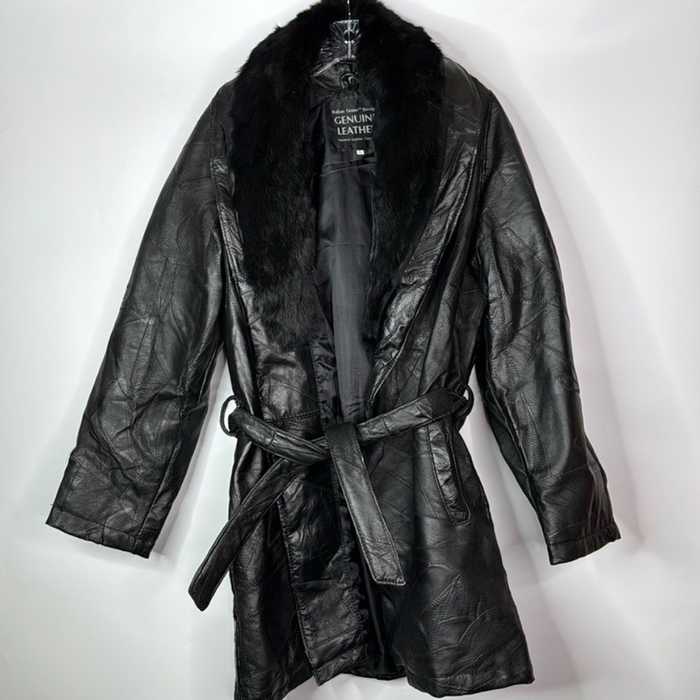Women's Black Genuine Leather Belted Coat with Faux-Fur Collar